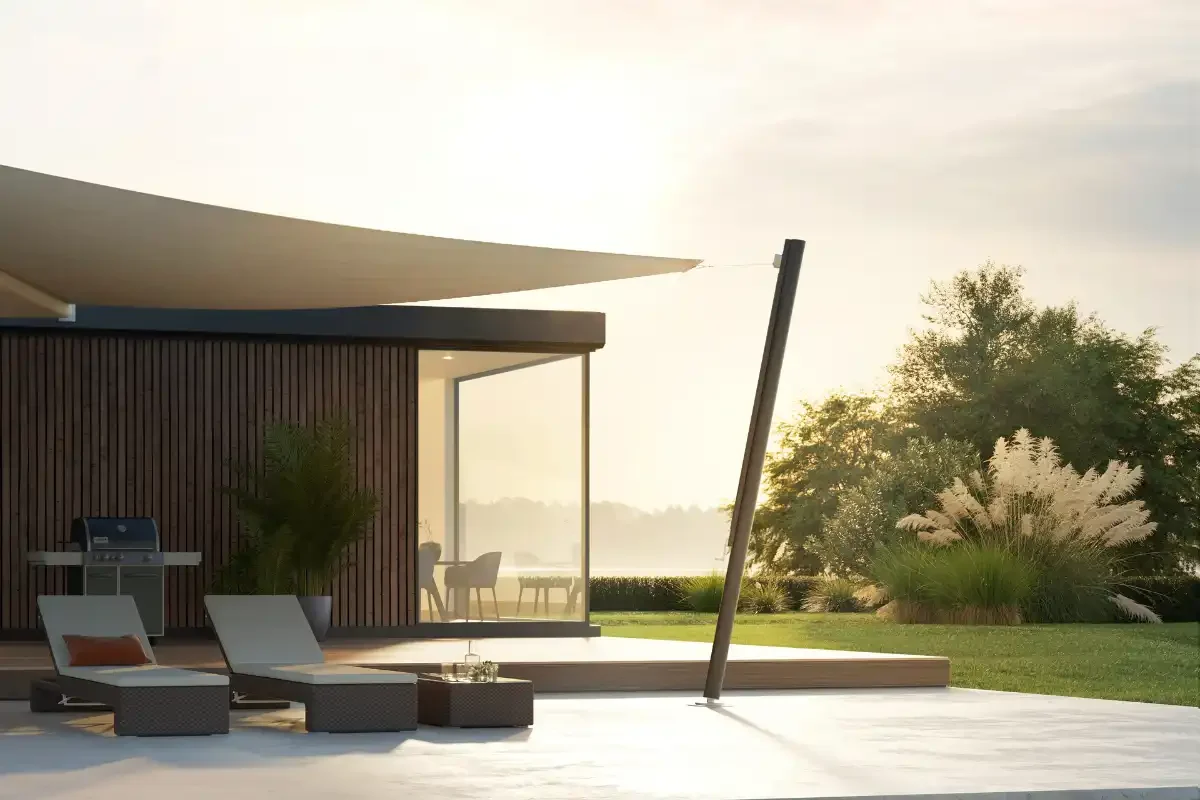 Sonnensegel in Garten mit Sonnenuntergang